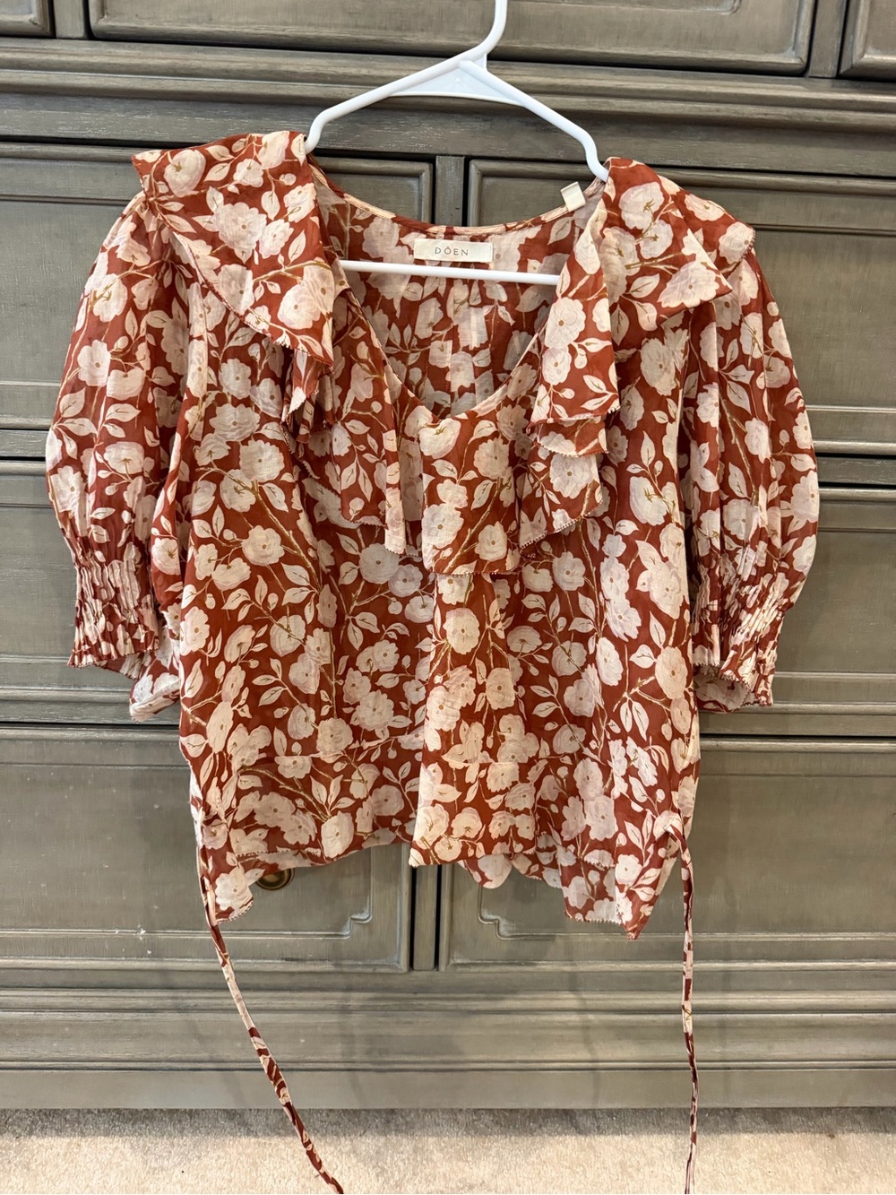 Doen Rust-Red Floral Ruffle Peasant Blouse